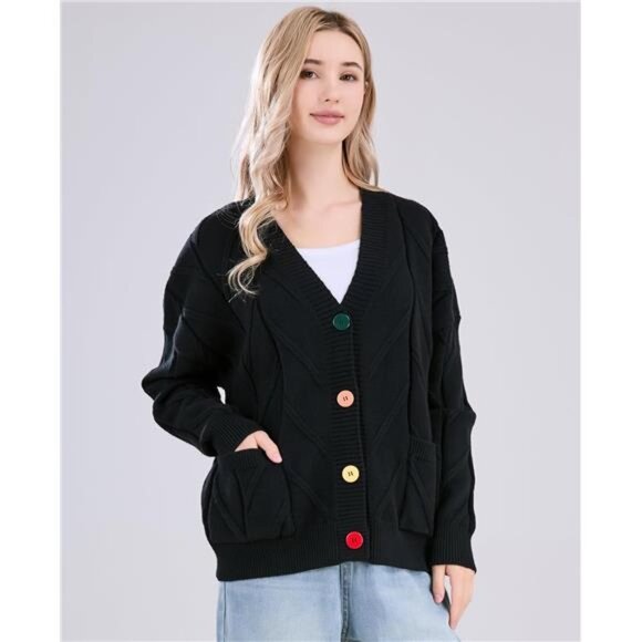 Women's Cable Knit Long Sleeve Open Front Cardigan Sheep V-Neck Button Down - Picture 3 of 6